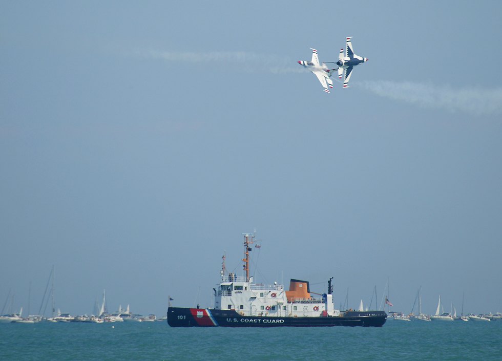 Thunderbirds head-on pass above Coast Guard boat