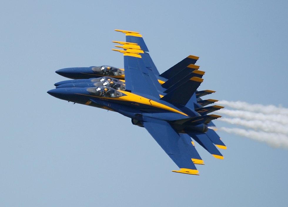Blue Angels photographed at 1/750th of a second and f5.6 using a Canon 1Ds digital camera and Canon 100-400mm image stabilized lens