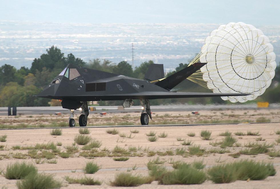 F-117 Nighthawk landing with parachute