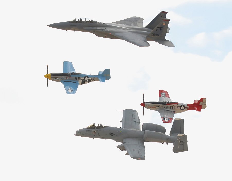 F-15/A-10 Heritage Flight with two P-51Ds, 'Valhalla' and 'Six Shooter'