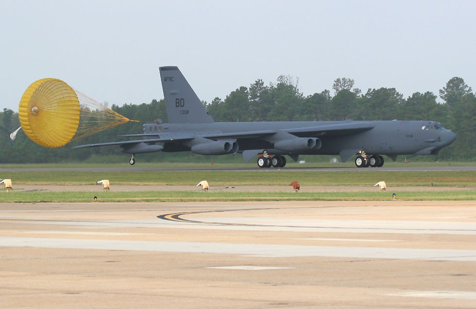 B-52 Superfortress with drogue chute deployed