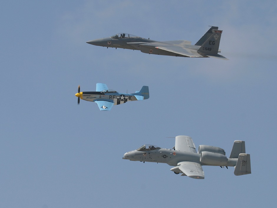 F-15 Eagle with P-51D Mustang and A-10 Thunderbolt II in an air force Heritage Flight