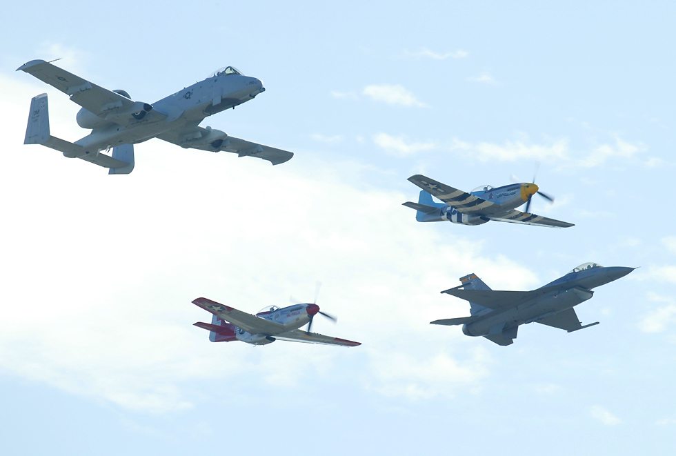 US Air Force 'Heritage Flight' with an A-10 Thunderbolt II (warthog), F-16 Fighting Falcon (Viper) and two P-51D Mustangs