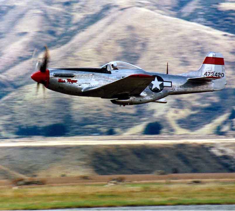 Mustang flying level in low pass, side view