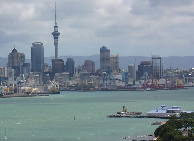 Auckland harbour and skyline with the Waitakere mountain range in the background