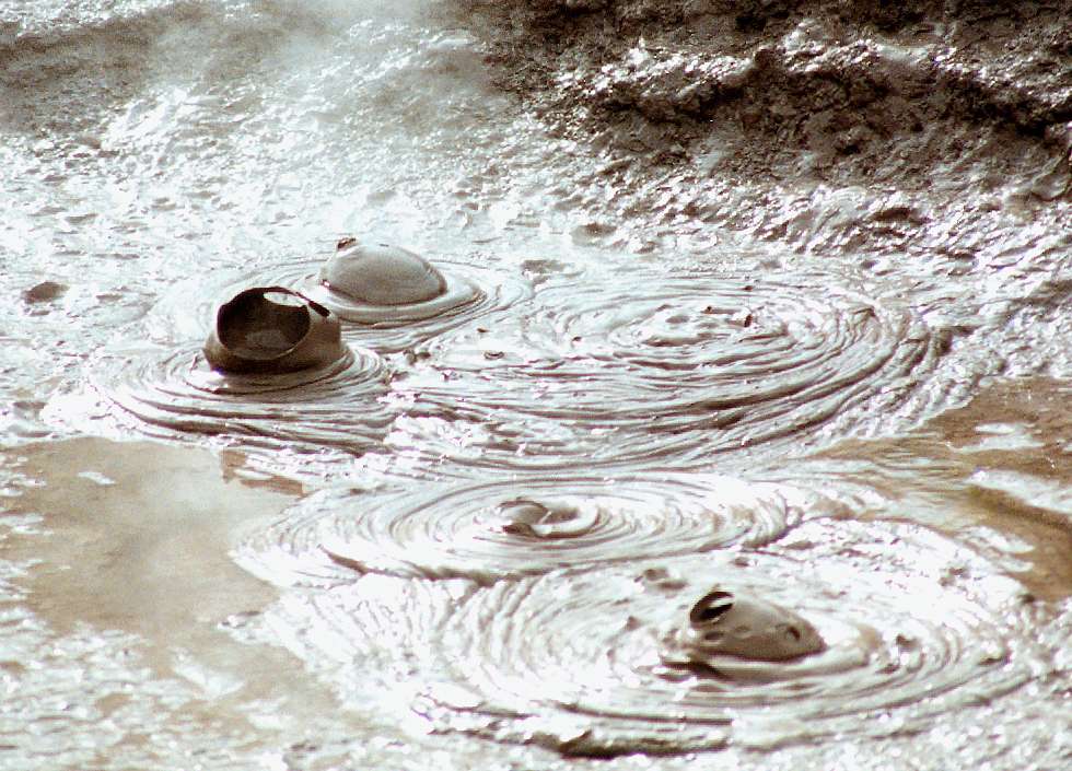 three boiling mud bubbles popping simultaneously