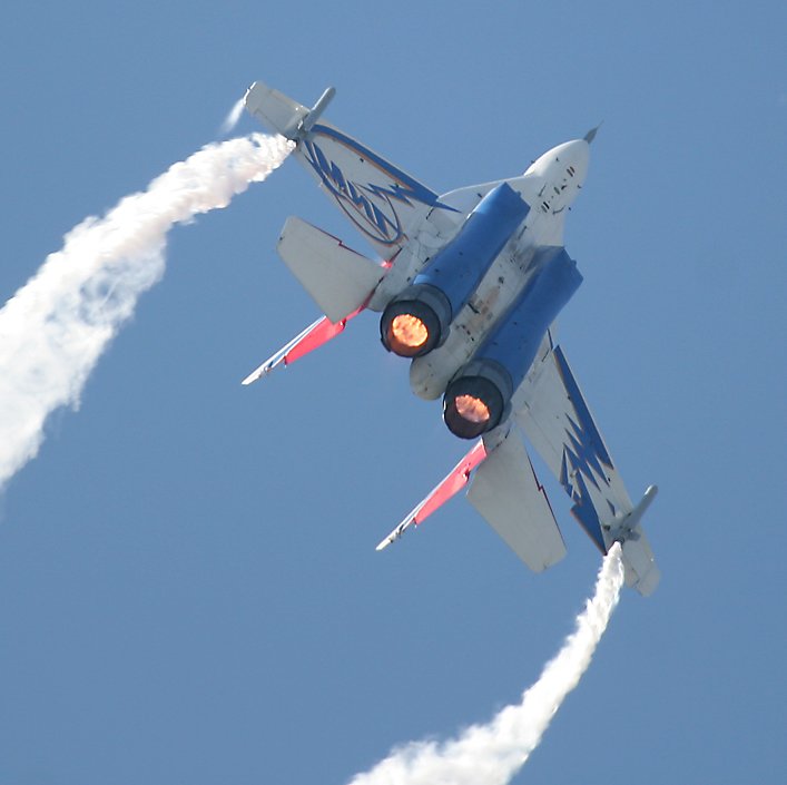 MiG-29OVT 'Flanker' fighter with thrust vectoring   (click here to open a new window with this photo in computer wallpaper format)