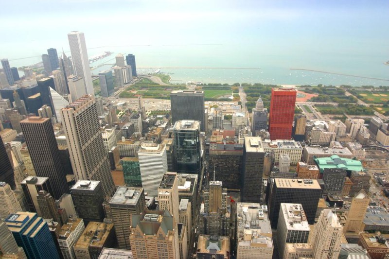 view of downtown Chicago from the Sears Tower observation deck (click here to see this photo with annotations)