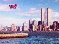 lower Manhattan and American flag from the Statue of Liberty